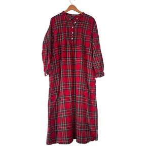 L.L.Bean Red Scotch Plaid Long Sleeve Pintucked Long Flannel Cotton Nightgown